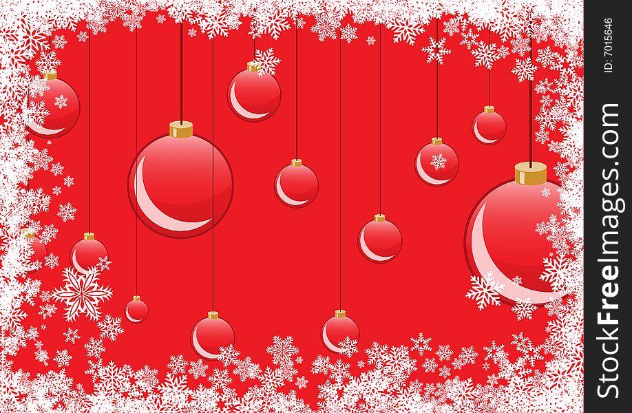 Vector illustration of Red Christmas Balls. Background with snowflakes and decoration for your design in red color