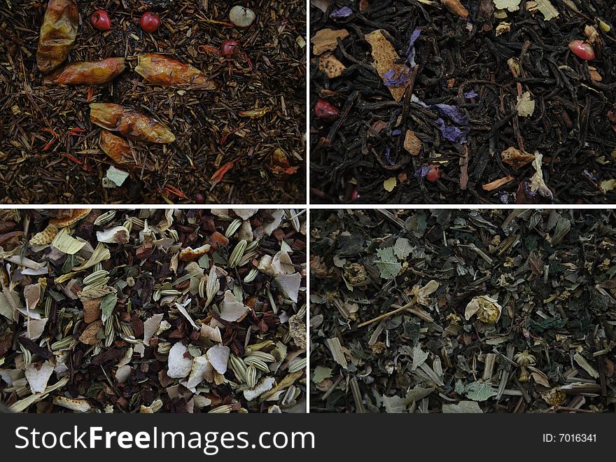 4 different tea leaves closeup. 4 different tea leaves closeup