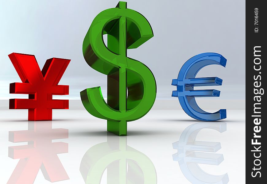 The yen, dollar and euro currency symbols. The yen, dollar and euro currency symbols