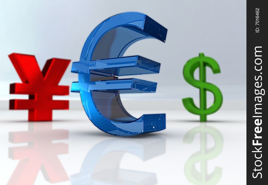 The euro, dollar and yen currency symbols. The euro, dollar and yen currency symbols