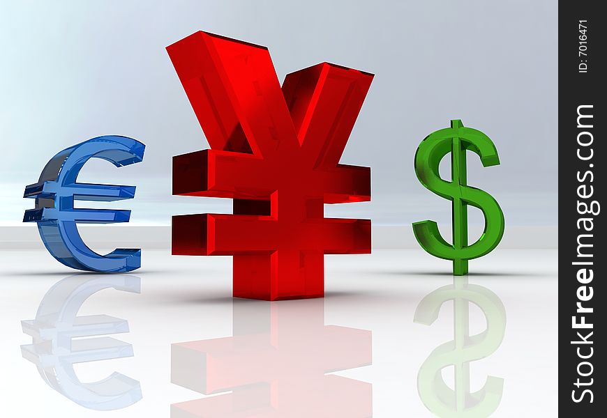 The yen, dollar and euro currency symbols. The yen, dollar and euro currency symbols