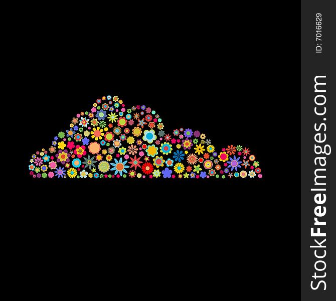 Vector illustration of cloud shape made up a lot of multicolored small flowers on the black background