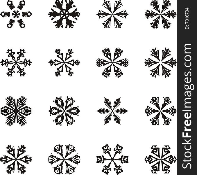 A set of 16 beautiful snowflakes, vector illustration series.