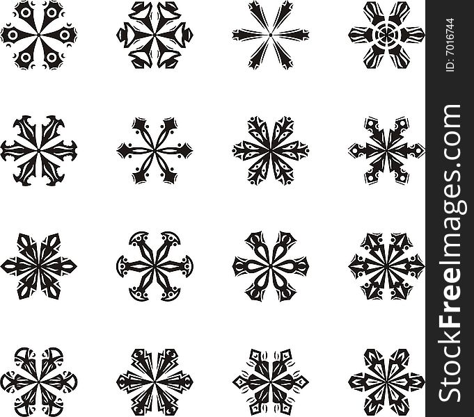 A set of 16 beautiful snowflakes, vector illustration series.