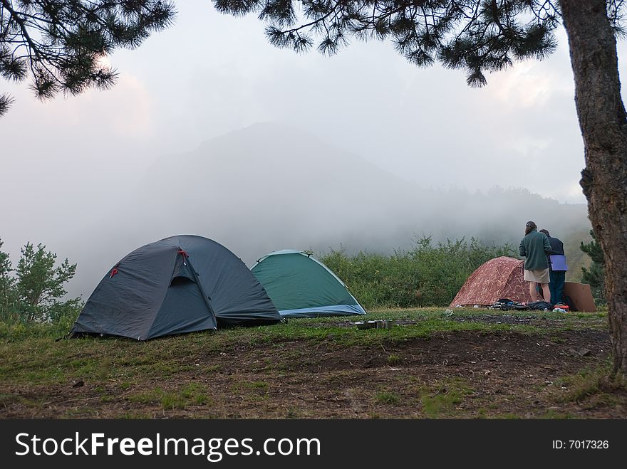 Hikers camp in Crimea mountains