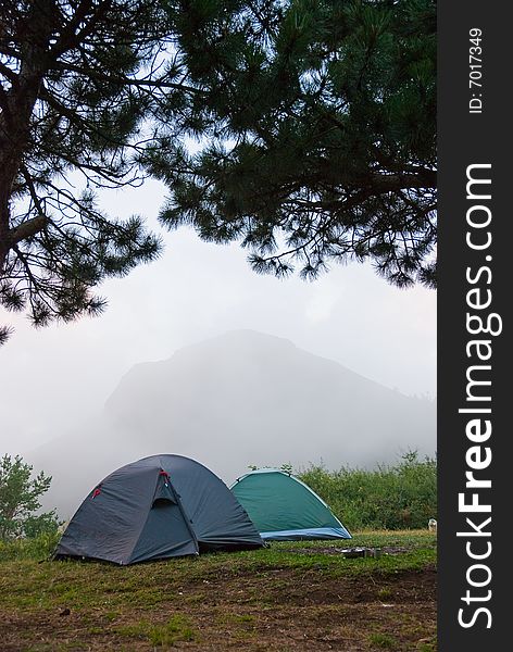 Hikers camp in Crimea mountains