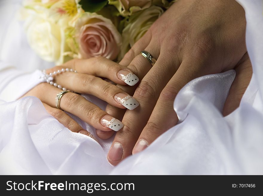 Wedding rings on bride and groom fingers