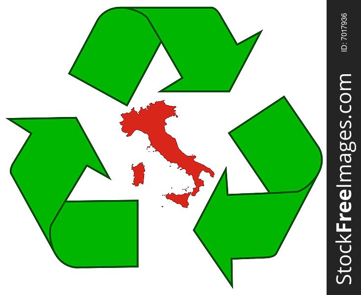 Detailed illustration of the recycling symbol with the Italy outline inside. Detailed illustration of the recycling symbol with the Italy outline inside.