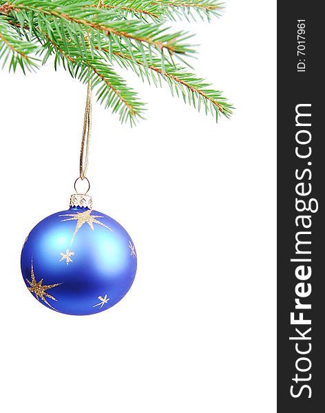 Blue Christmas ball on white background.