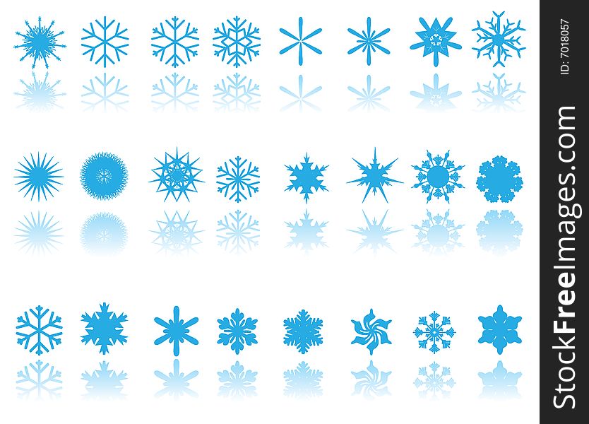 Blue snowflakes on white background with reflection