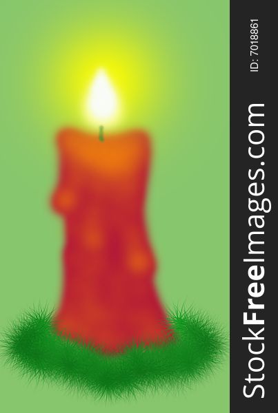 A red Christmas candle on green Christmas needles with a green background. Digital Drawing. Coloured picture.