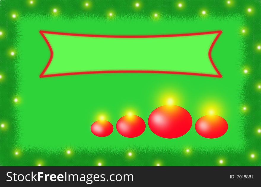 A green Christmas card with round red candles and little lights all around. Digital drawing. Coloured picture. A green Christmas card with round red candles and little lights all around. Digital drawing. Coloured picture.