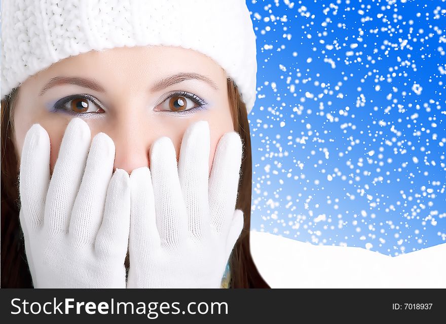 Winter Girl looking surprised in a winter background