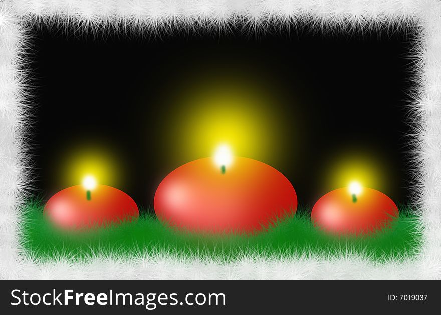 Three red puff and round Christmas candles with green Christmas needles all around on a black background and with a white Christmas needle frame. Digital Drawing. Coloured Picture. Three red puff and round Christmas candles with green Christmas needles all around on a black background and with a white Christmas needle frame. Digital Drawing. Coloured Picture.