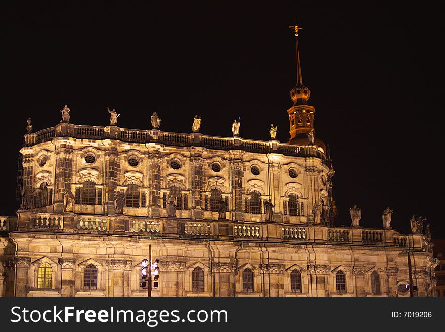 Gothic catholic cathedral in night, horizontal, Dresden, Germany