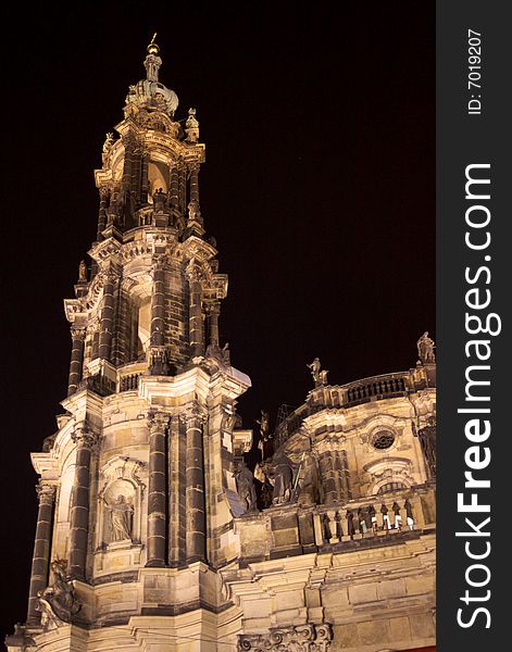 Gothic catholic cathedral in night, Dresden, Germany