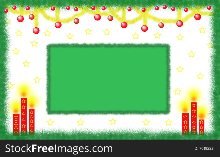 A green Christmas card with red christmas candles and red christmas balls on a white background. Digital drawing. Coloured picture.