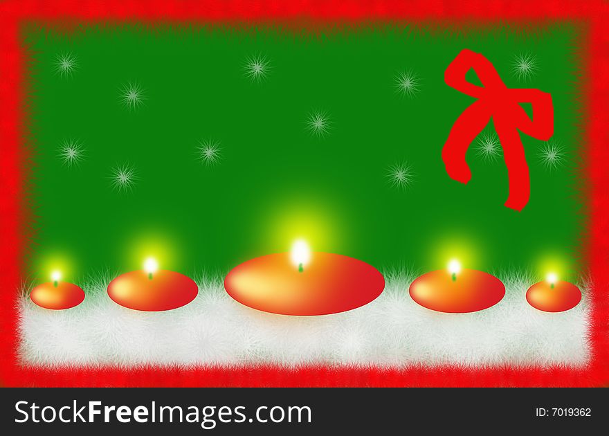 Five red Christmas candles, round and flat, on white Christmas needles with a green background and a red ribbon on the right. Digital drawing. Coloured picture.