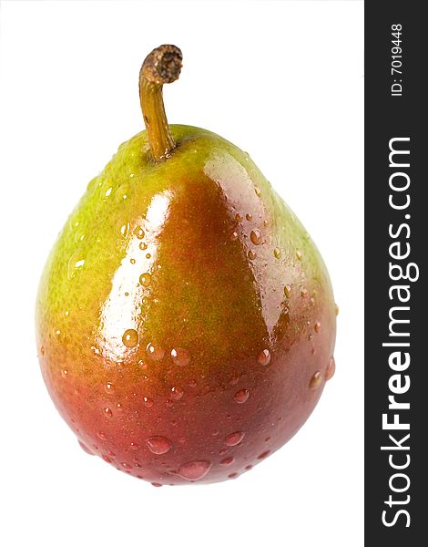 A sweet bite size Seckel Pear with water droplets. A sweet bite size Seckel Pear with water droplets