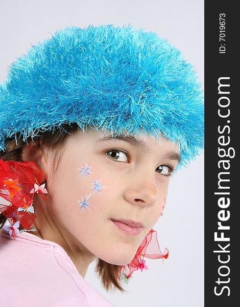 Girl with blue snowflakes portrait. Girl with blue snowflakes portrait