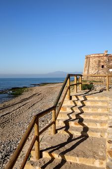 Moorish Tower Beach And Steps In Spain Stock Photo Moorish Tower Beach And Steps In Spain Stock Photo