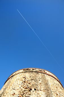 Moorish Tower Blue Sky And Aeroplane Royalty Free Stock Photo Moorish Tower Blue Sky And Aeroplane Royalty Free Stock Photo