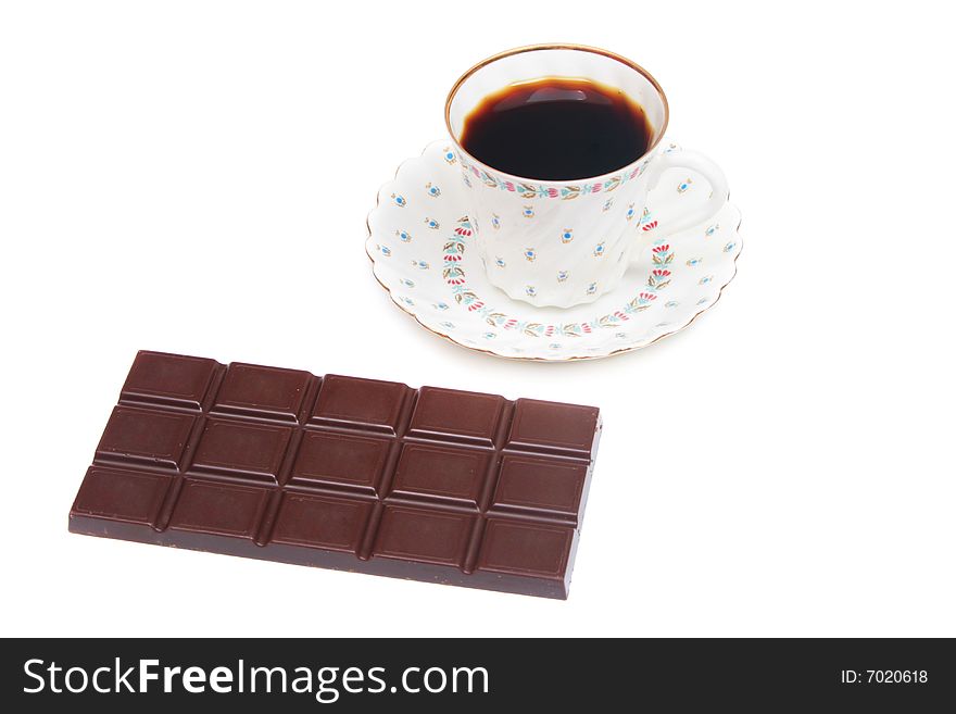 Cup of coffee and bar of chocolate isolated on white. Cup of coffee and bar of chocolate isolated on white.