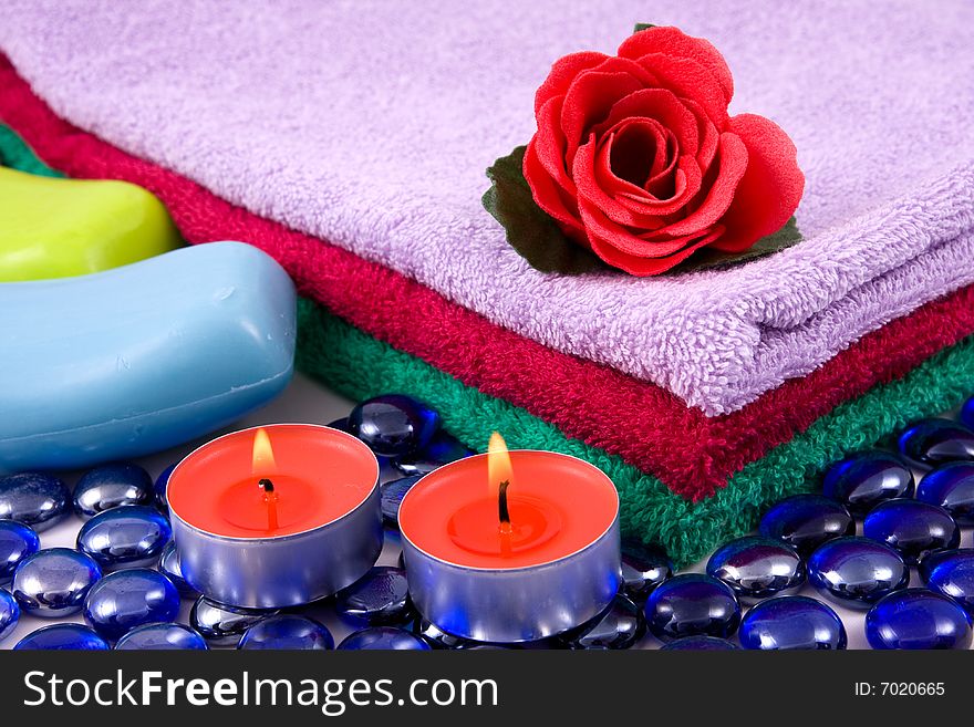 Colourful towels, aroma candles,organic soap and scented rose . Colourful towels, aroma candles,organic soap and scented rose .