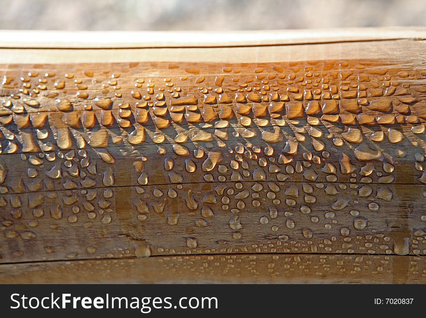 Drops of water from morning dew on a wooden handrail in the sun. Drops of water from morning dew on a wooden handrail in the sun