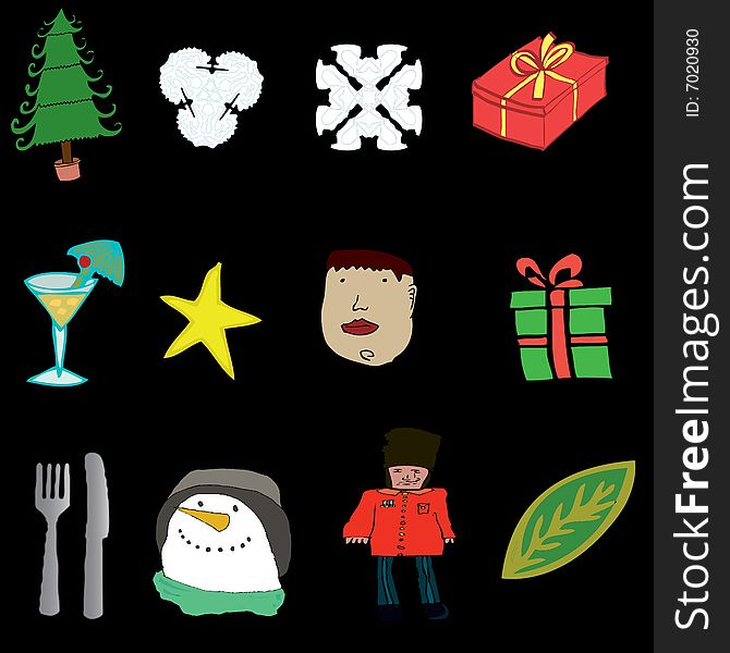 A fully scalable vector illustration of a set of 12 Christmas icons. Jpeg & Illustrator AI file formats available.