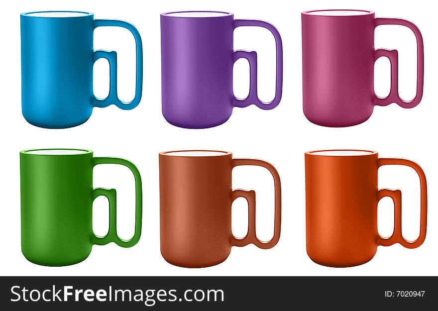 Six color cups (blue, violet, magenta, green,red, orange) with at-like handle on white background. Six color cups (blue, violet, magenta, green,red, orange) with at-like handle on white background