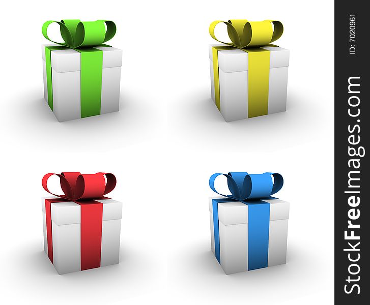 Four present boxes with bands of assorted colors (green, yellow, red, blue) on white background. Four present boxes with bands of assorted colors (green, yellow, red, blue) on white background