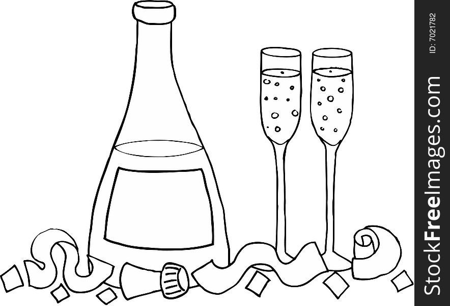 Champagne bottle and glasses with confetti on white background. vector image