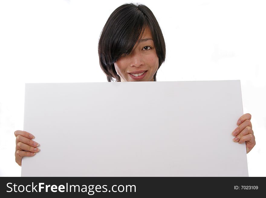Lady Holding Blank sign on white