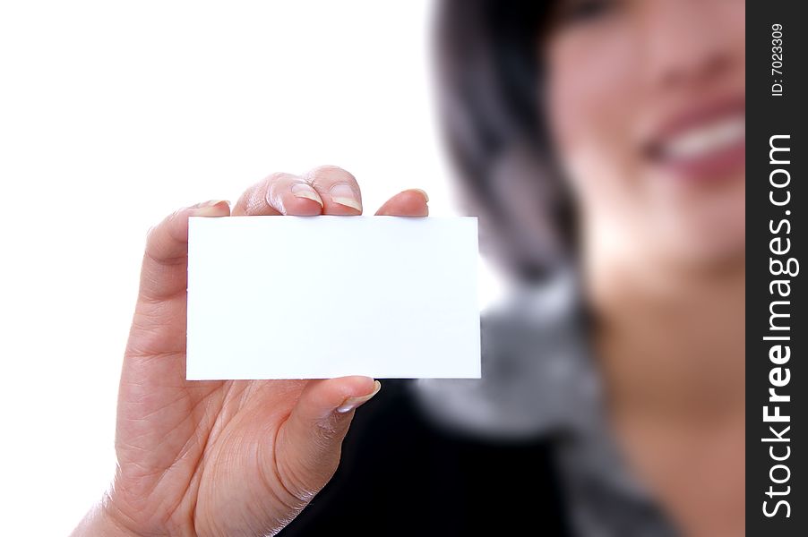 Female holding blank business card on white. Female holding blank business card on white