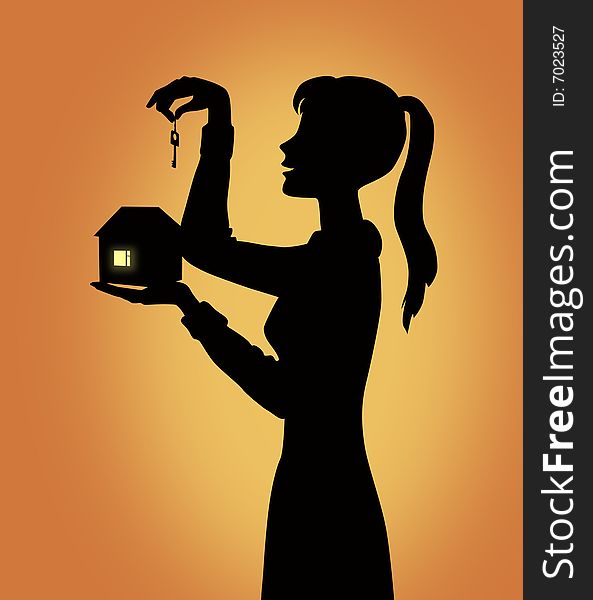 Black woman silhouette with key and house model. Black woman silhouette with key and house model