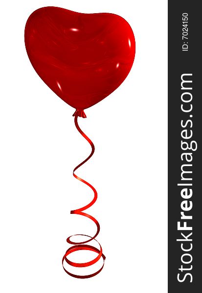 Red heart balloon on ribbon, isolated on white