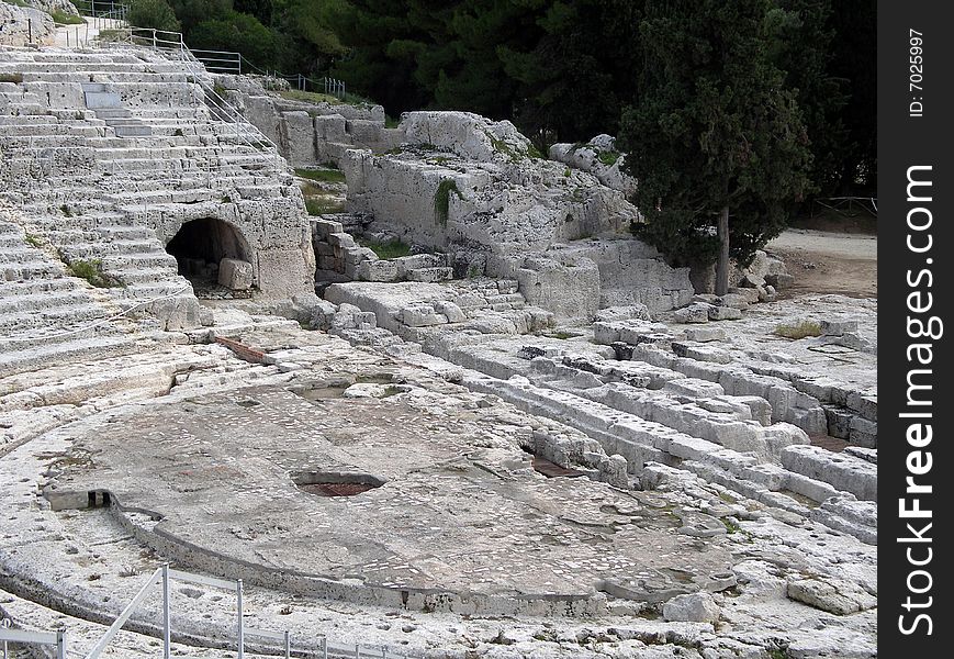 Sicily: Ancient ruins of Greek theater in Syracusa;. Sicily: Ancient ruins of Greek theater in Syracusa;