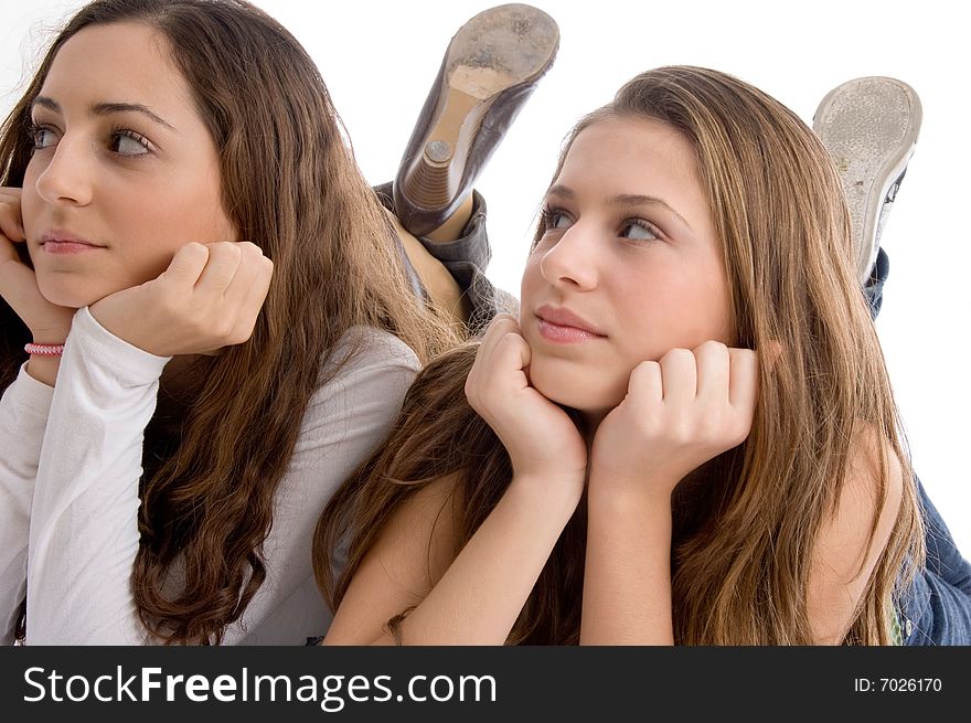 Close up view young two cute friends on an isolated white background