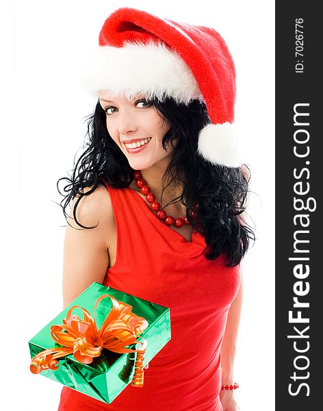 Beautiful brunette woman gives a present to us