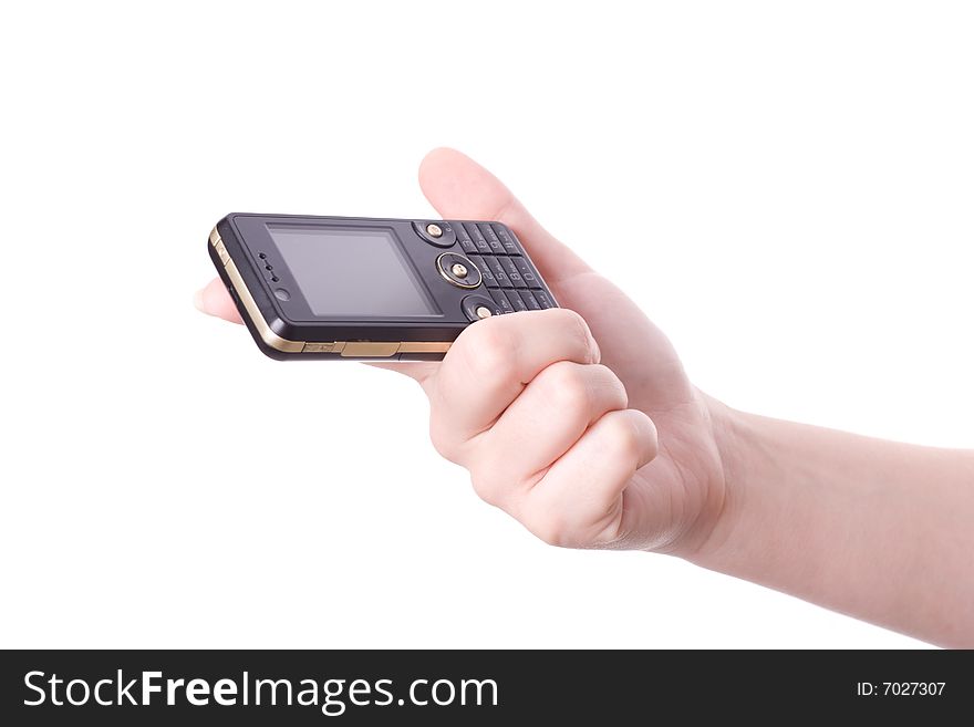 Mobile phone in hand isolated on white