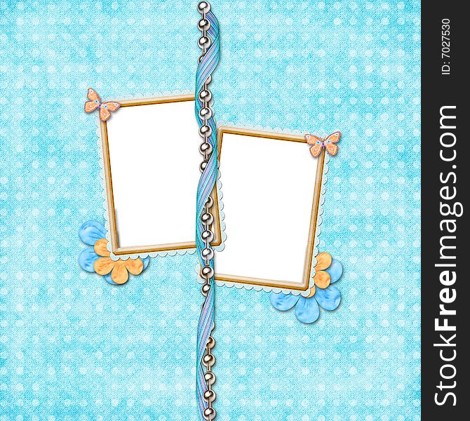 A scrapbook page with three frames hanging on a chain with the ribbon and light green patterned paper