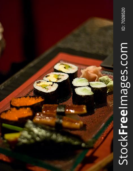 Sushi set in a restaurant, shallow DOF