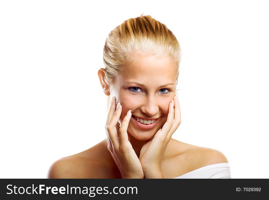 Beauty portrait of a smiling woman without make up isolated on white background