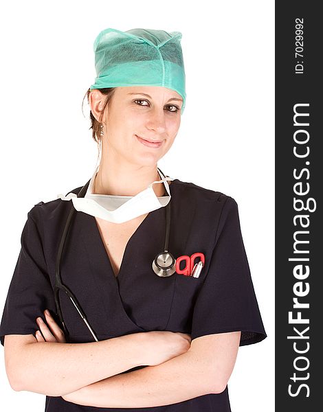 Young adult Caucasian female healthcare professional with stethoscope, mask and cap. Young adult Caucasian female healthcare professional with stethoscope, mask and cap