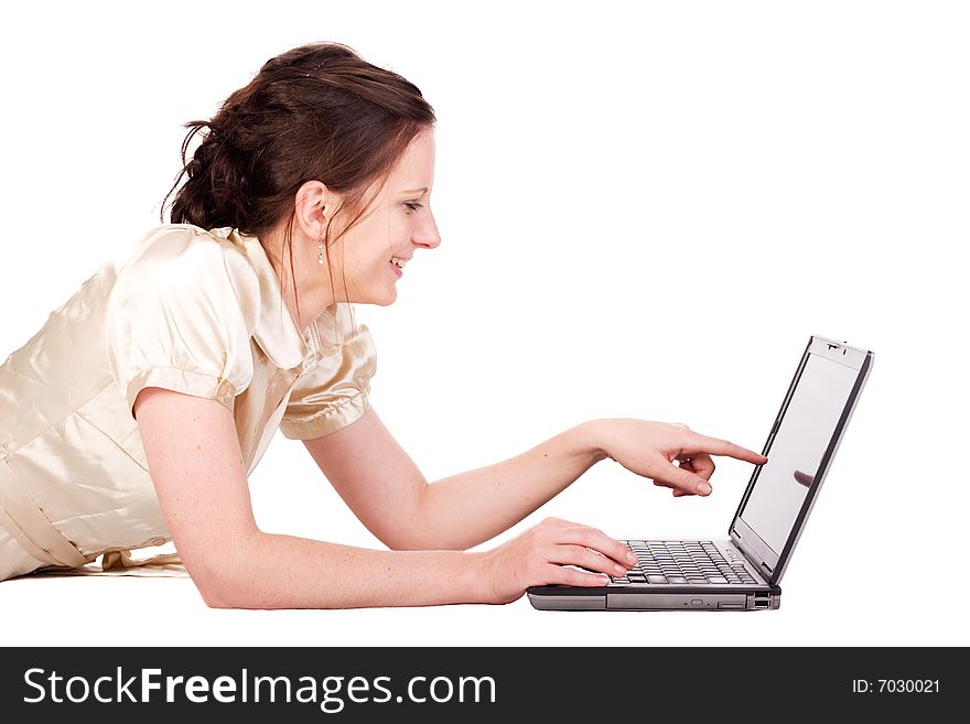 Young attractive adult businesswoman working on laptop. Young attractive adult businesswoman working on laptop