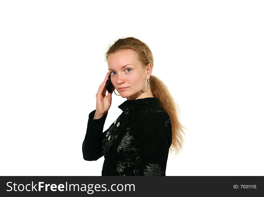 Girl in black suit on white background
