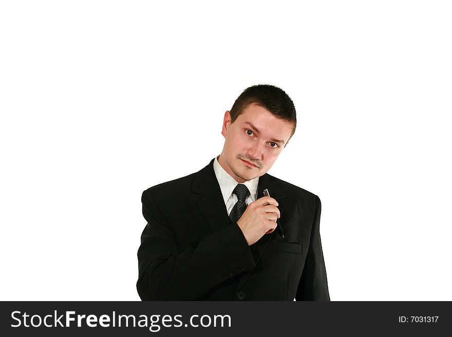 Man in suit with pen on white background