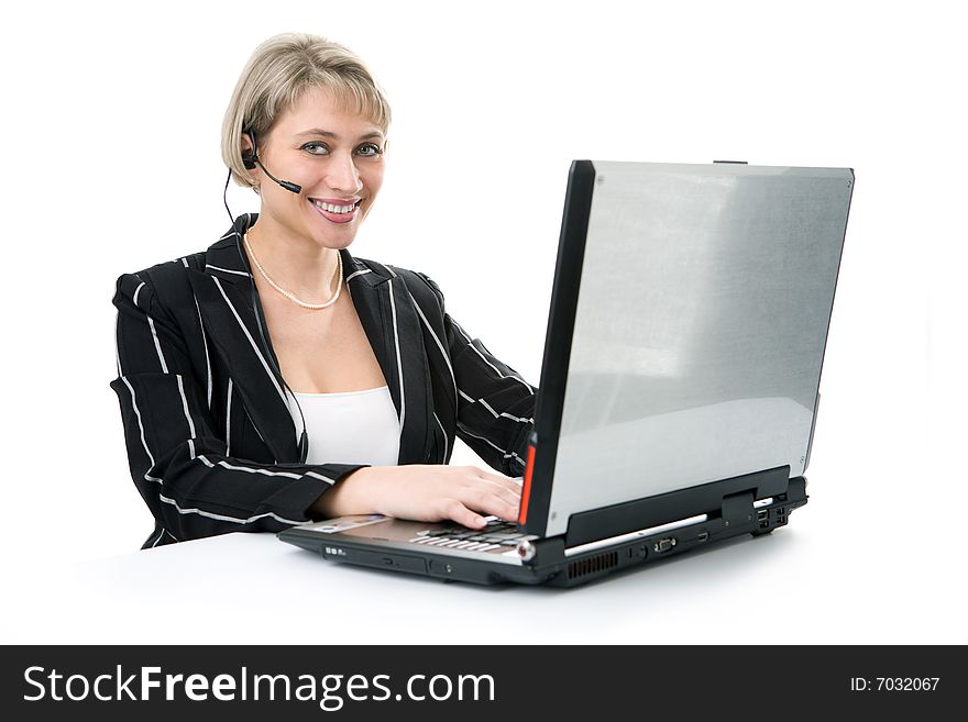 Business woman working on a helpdesk on white background