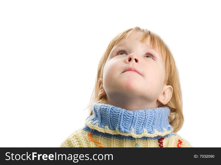 Little girl in warm sweater on white background